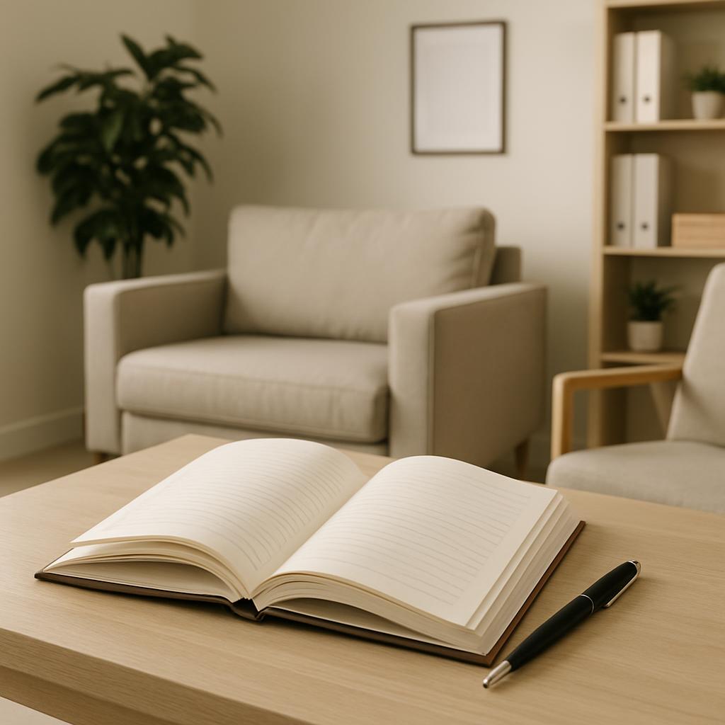 A beige couch, book, and pen sit on a table in a cream-colored living room.
