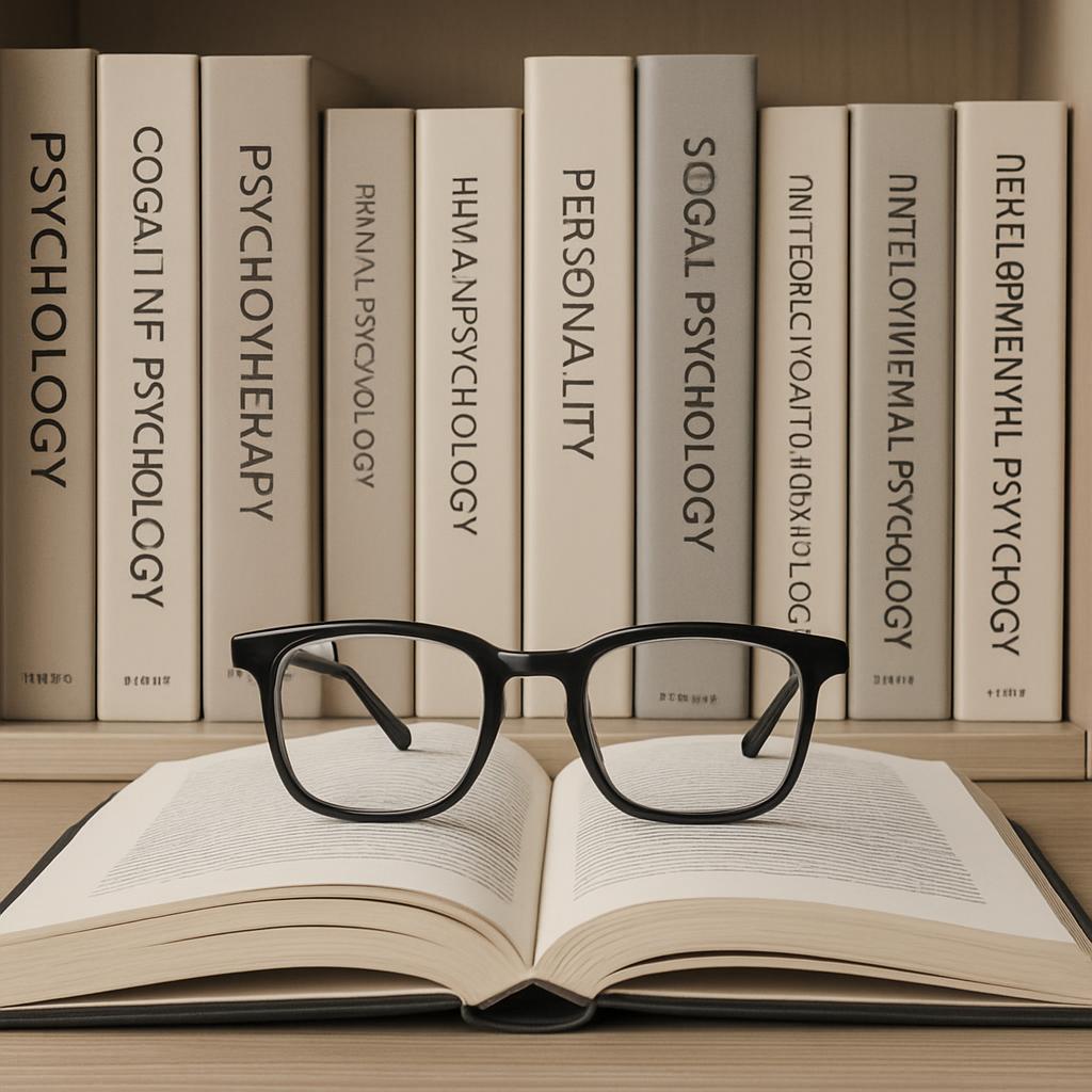 A row of books on a shelf, labeled with various psychology-related terms, including "PSYCHOLOGY", "COGAIIT NF PSYCHOLOGY",...