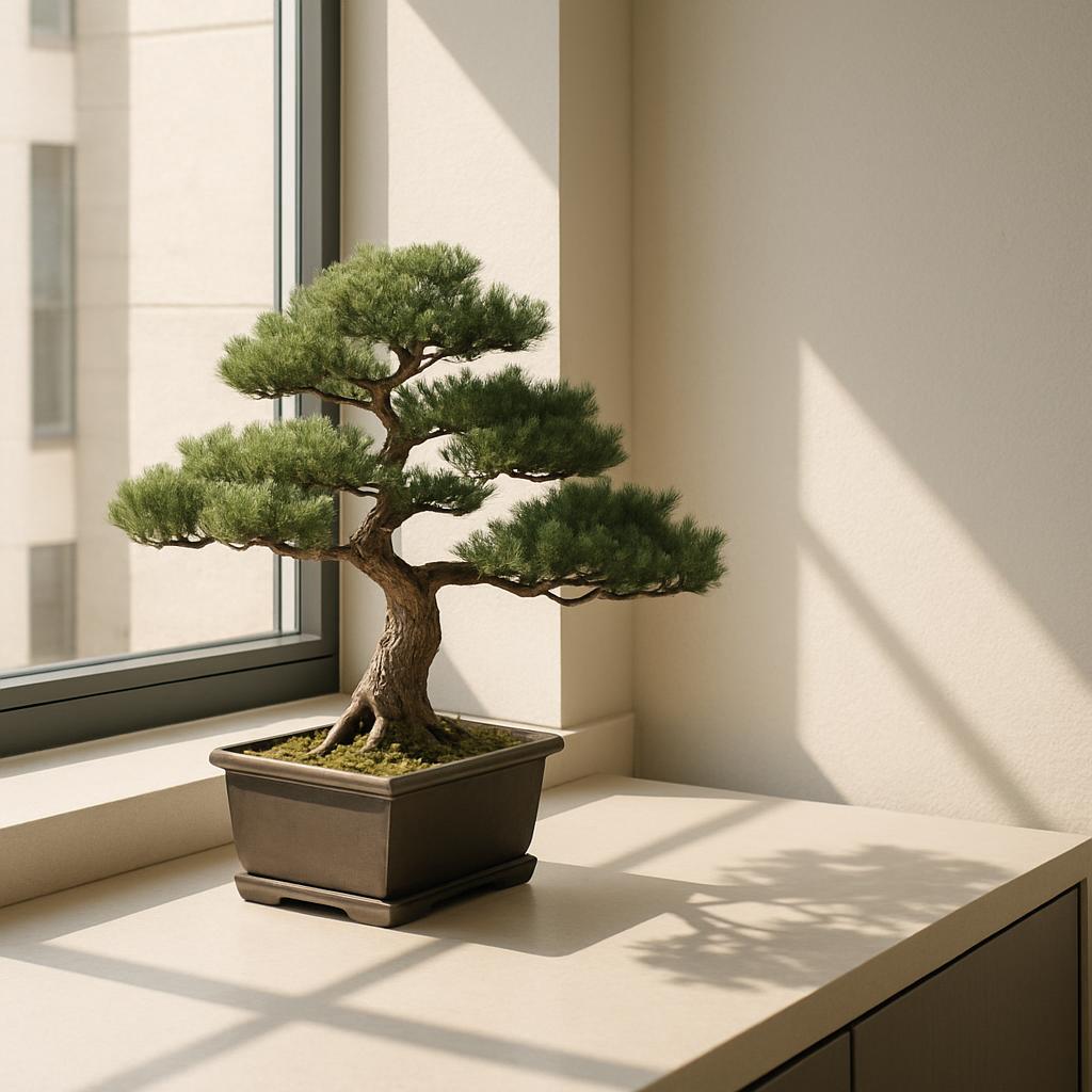 Here is the alt text for the image: A small, intricately shaped bonsai tree with a thick trunk and bushy green leaves sits...