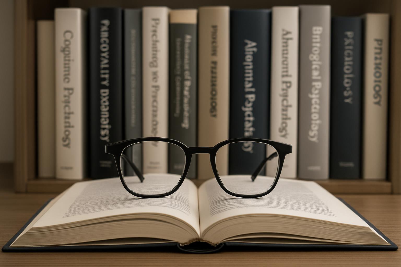 A pair of black-framed glasses on an open book in front of a blurred collection of psychology books on a wooden table.